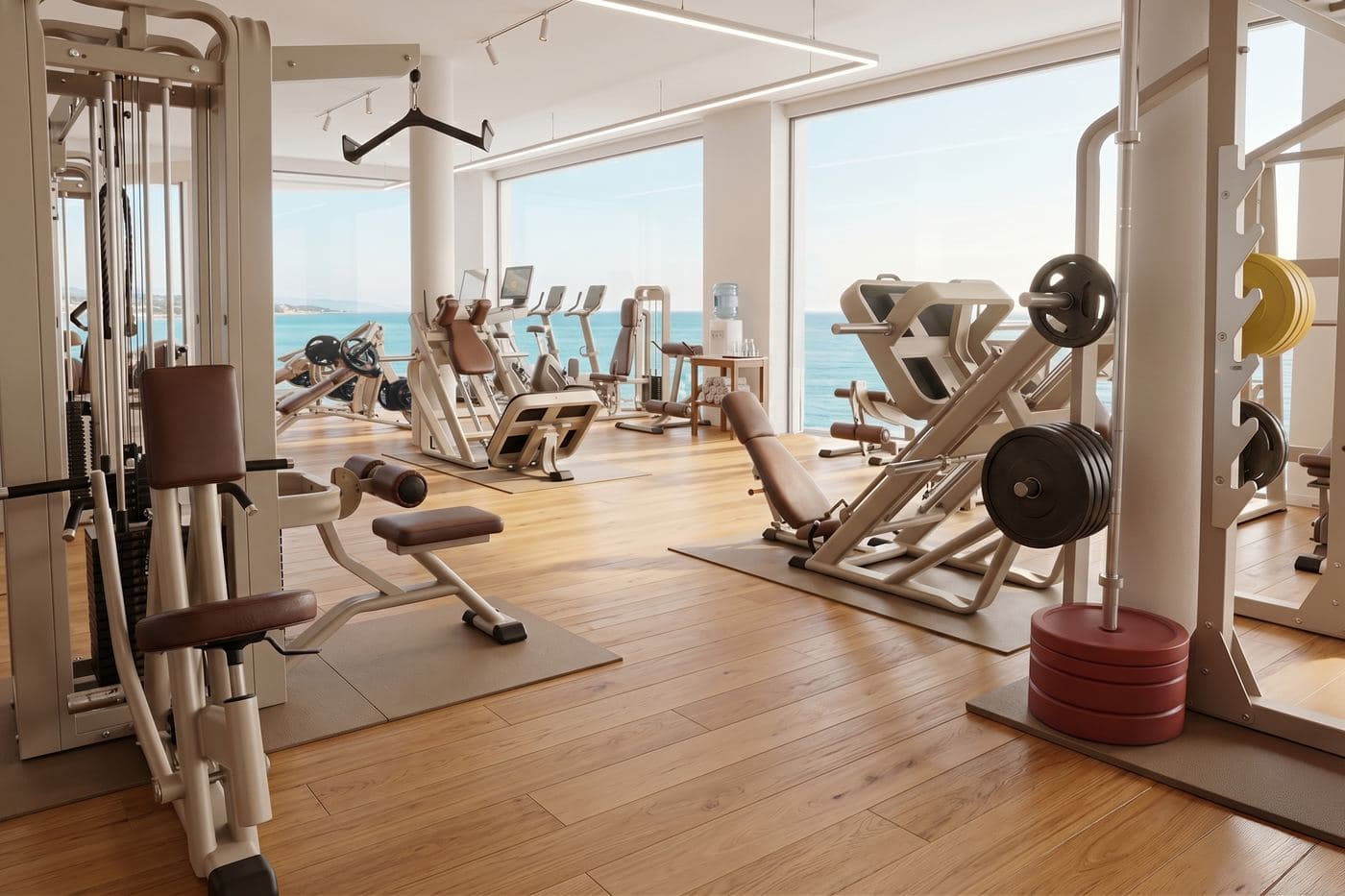 Render eines Hotel-Gyms mit Telju-Geräten in der Hausfarbe des Hotels